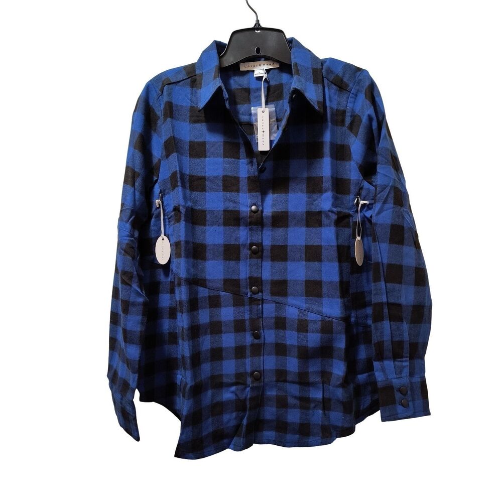 Loyal Hana Blake Maternity Nursing Shirt Small Blue Black Plaid Flannel NWT